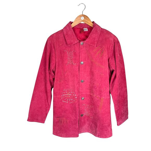 Look East Red Asian Geisha 100% Leather Collared Long Sleeve Button Down Jacket - Picture 2 of 11